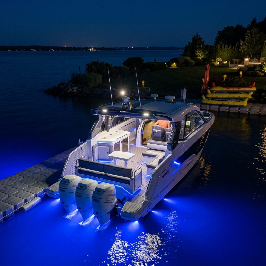 Underwater LED lighting on the Galeon 375 GTO at night