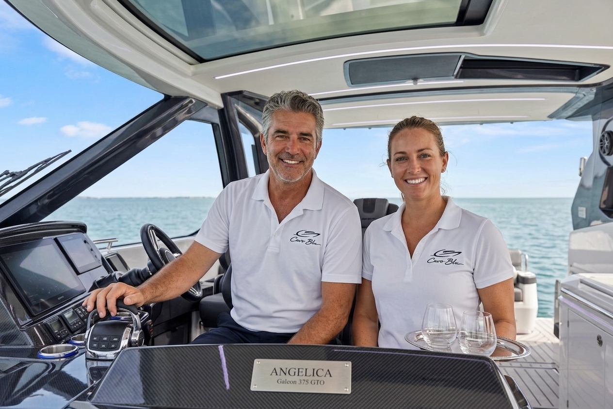 Captain at the helm of the Galeon 375 GTO