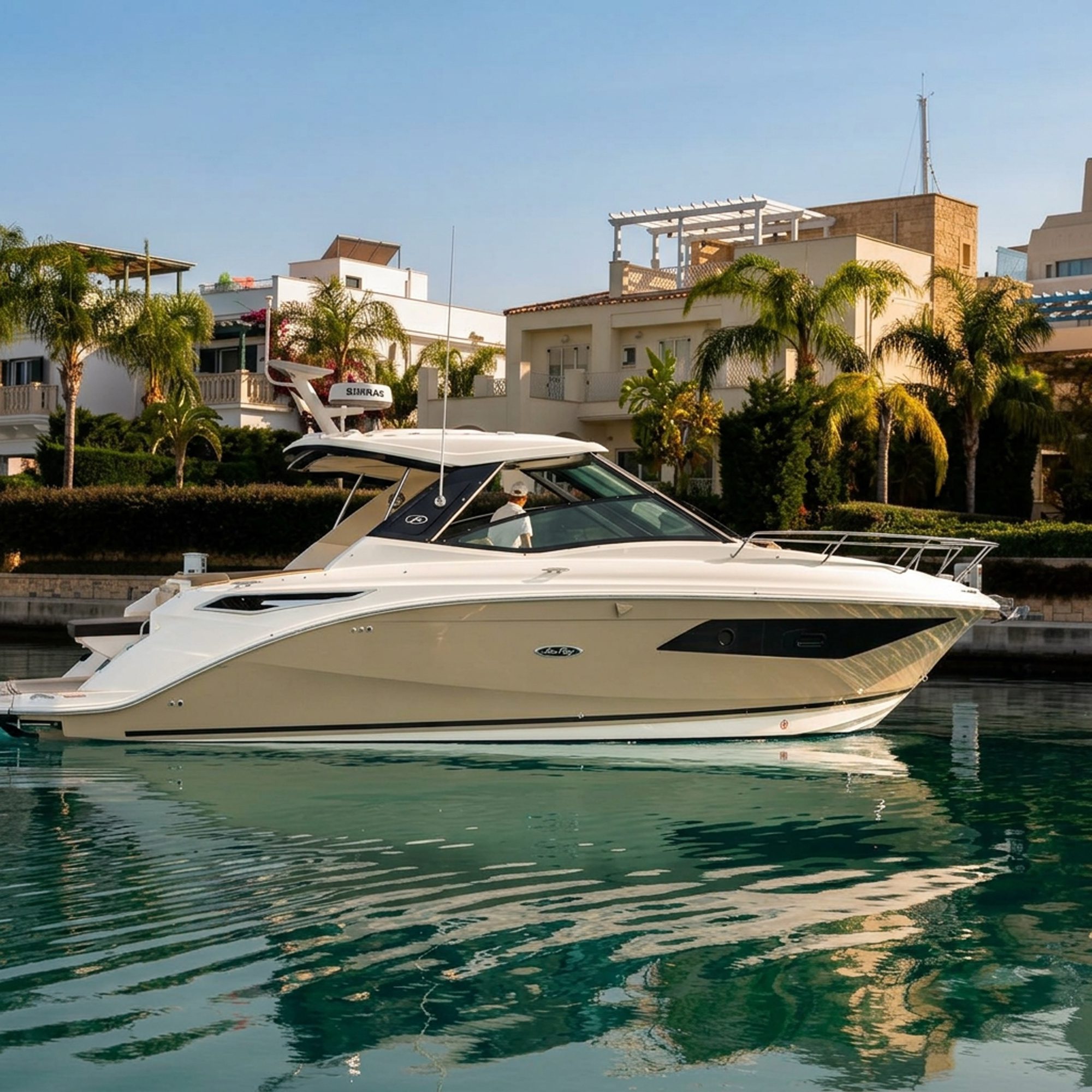 Integrated hardtop canopy offering shade on Sea Ray 320 Sundancer